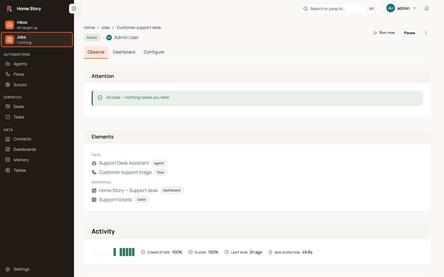 A Routario Job in operation: status, parts and recent activity